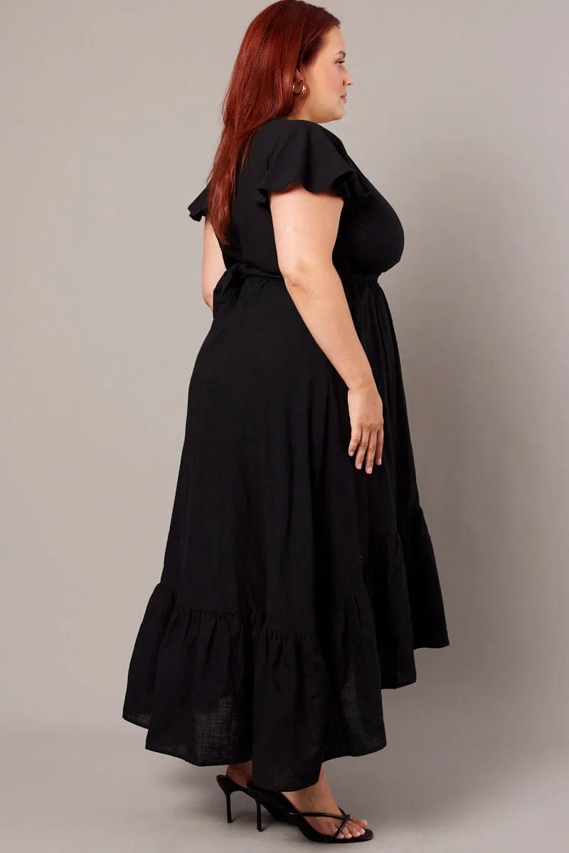 Casual Elegance Black Tie Front Flare Sleeve Midi Dress