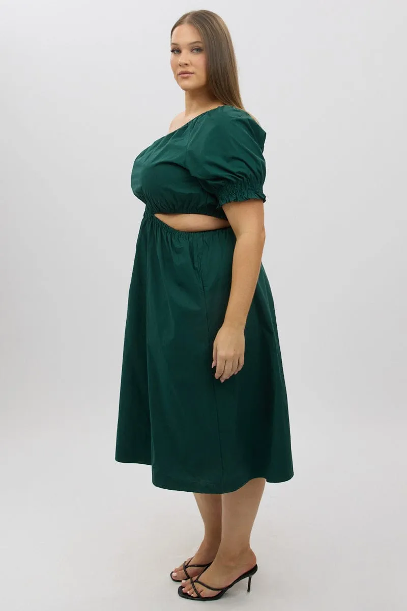 Green Cotton Poplin One Sleeve Dress Sunday Stroll Daily Comfort