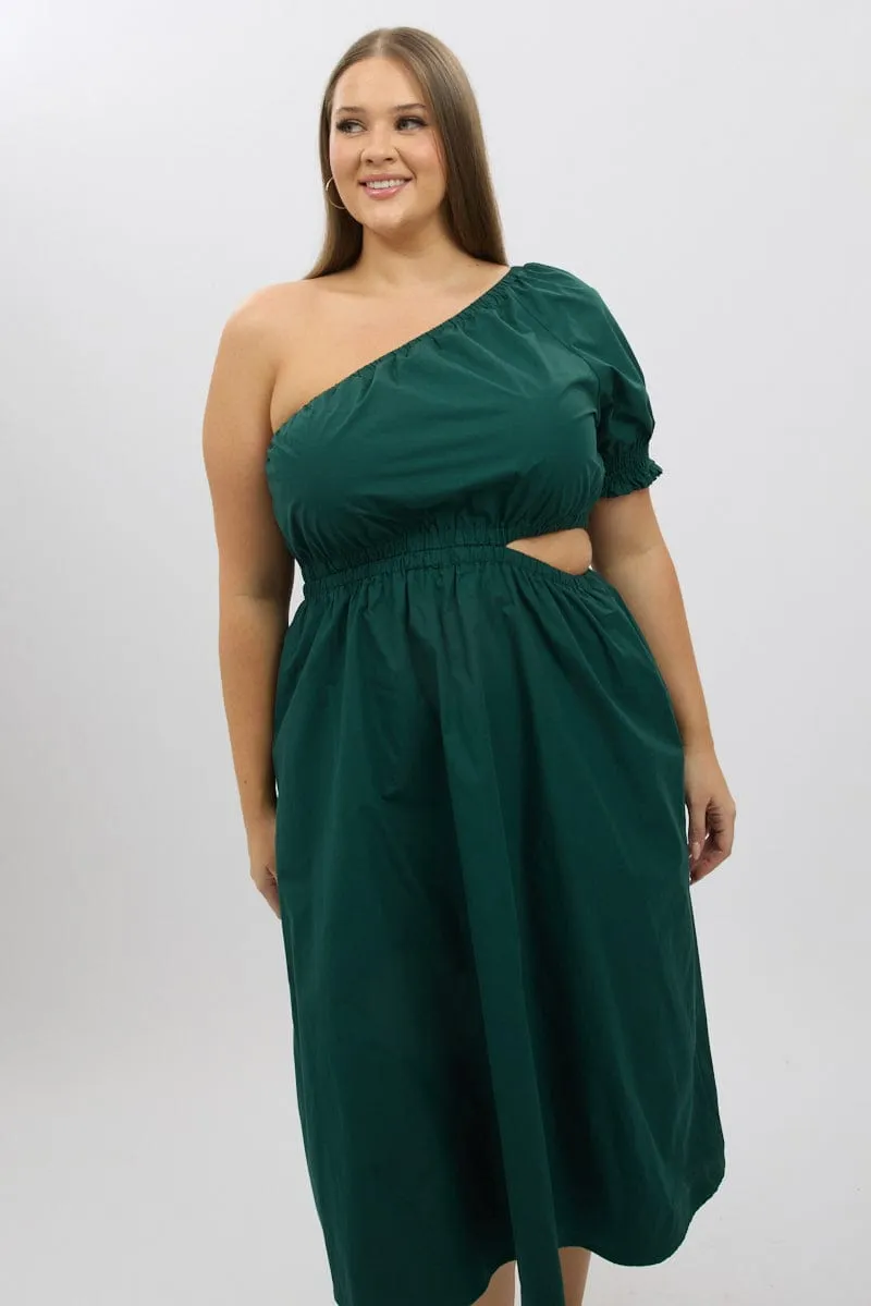 Green Cotton Poplin One Sleeve Dress british retro Flattering Silhouettes