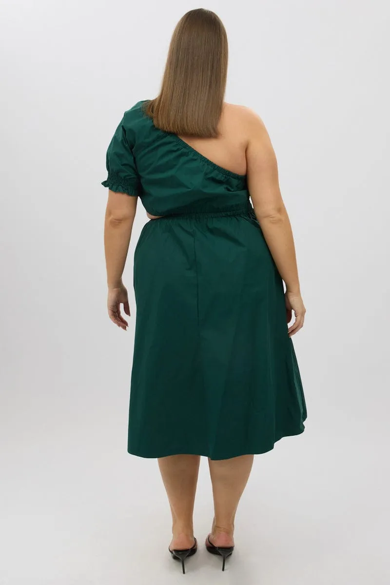 Street Minimal All Day Elegance Green Cotton Poplin One Sleeve Dress