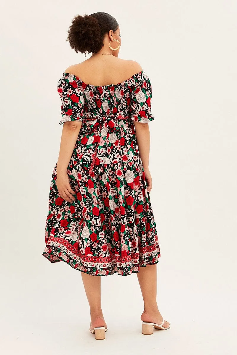 Multi Boho Midi Dress Off Shoulder Tie Back Classic silhouette dress