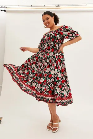Modern Wear Fresh Air Multi Boho Midi Dress Off Shoulder Tie Back
