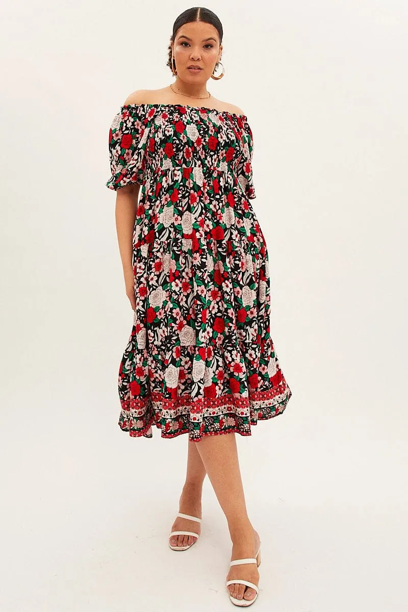 Multi Boho Midi Dress Off Shoulder Tie Back Travel Light