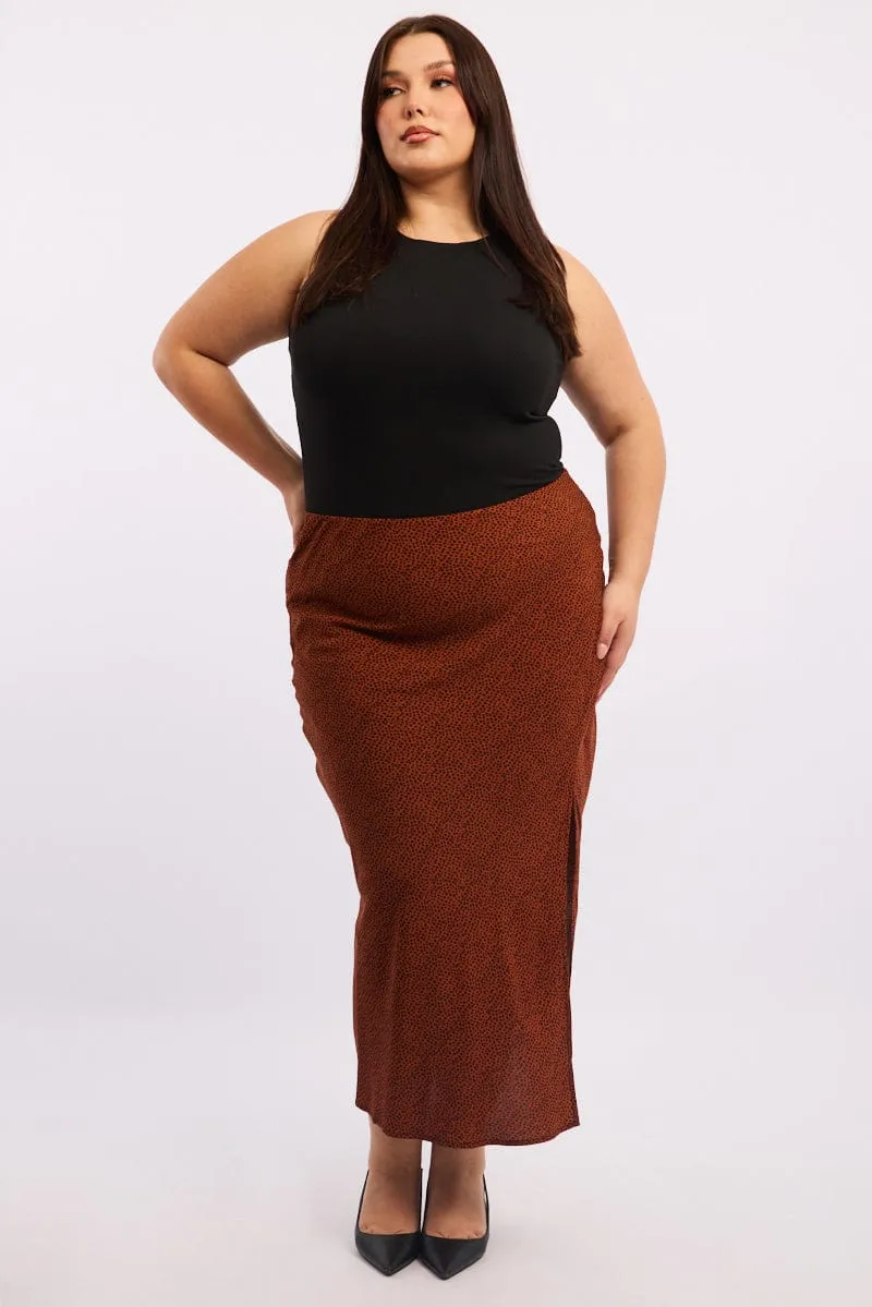 High Street Fashion Chill Tones Brown Geo Spot Slip Skirt