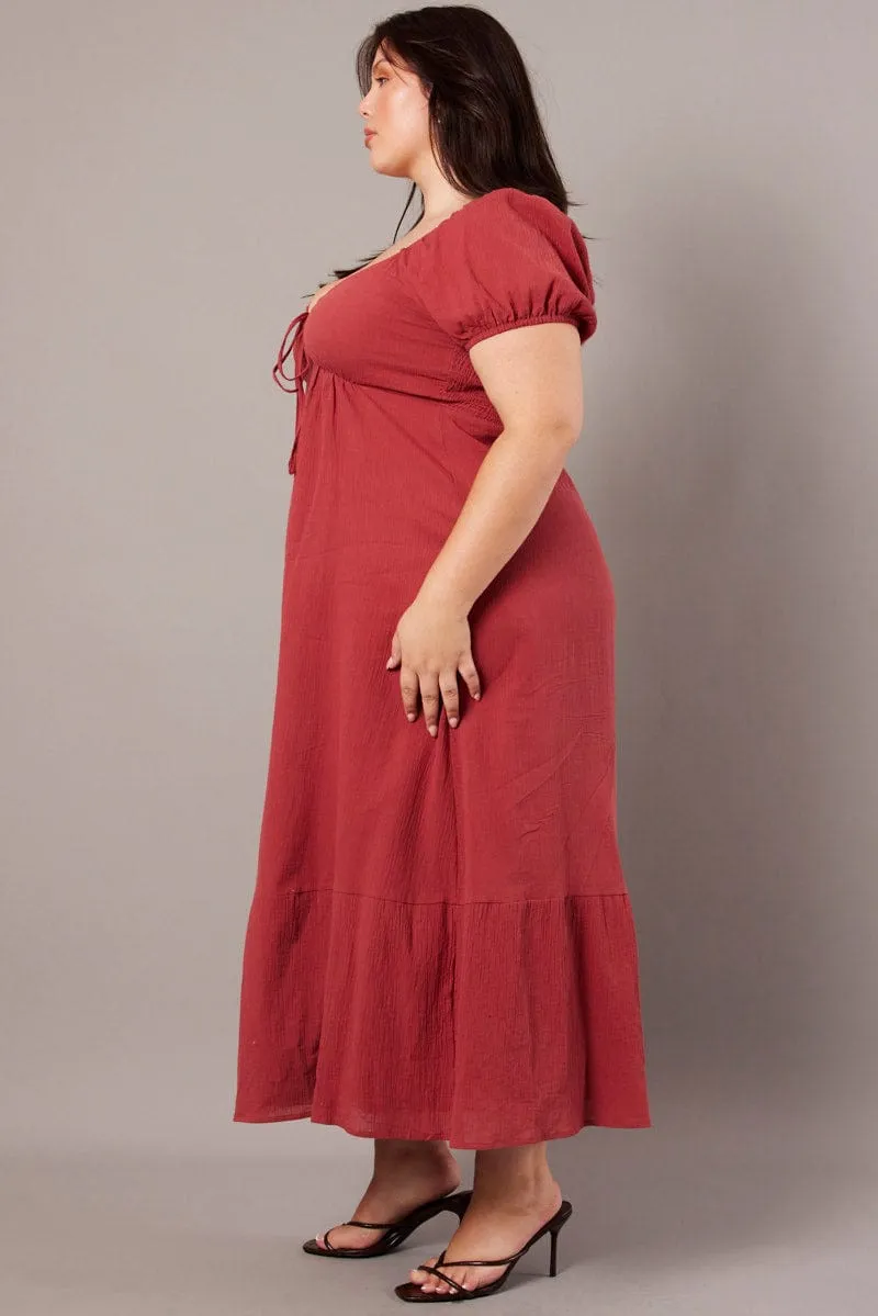 Brown Midi Dress Short Sleeve Tie Front Form Hugging pack light