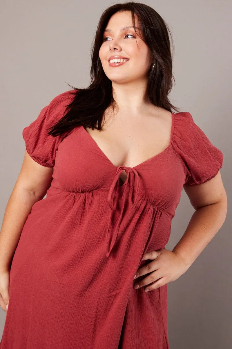 Brown Midi Dress Short Sleeve Tie Front Comfortable party dress Polished Attire