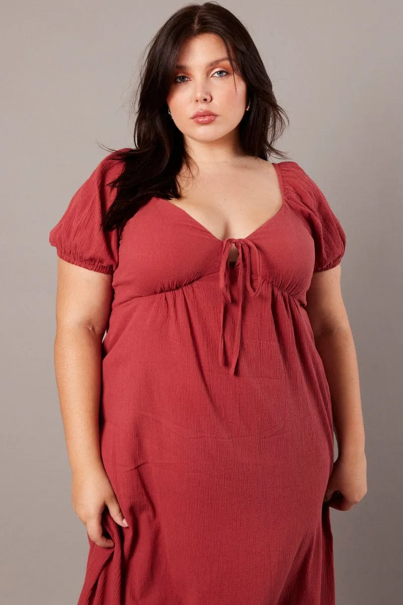 Brown Midi Dress Short Sleeve Tie Front rooftop party