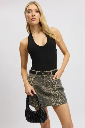 Handmade Quality Beige Animal Print Mini Skirt Mid Rise Leopard Denim