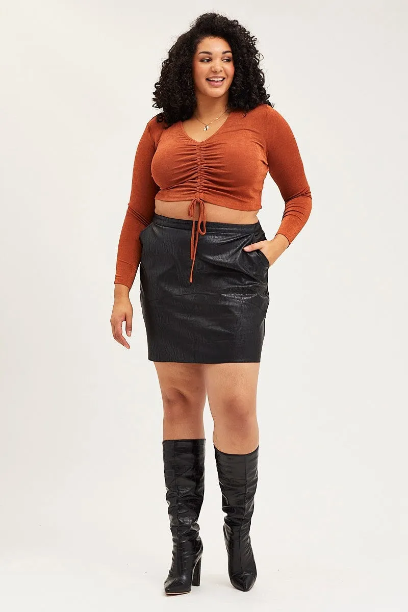 Slim Fit Band Black High Waist Faux Leather Mini Skirt