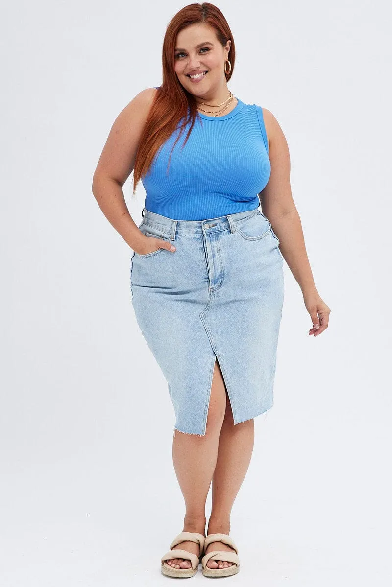 Blue Tank Top Sleeveless Crew Neck Seamless AdjustableWaist
