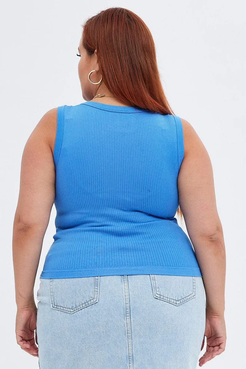 Stretch Fabric Blue Tank Top Sleeveless Crew Neck Seamless