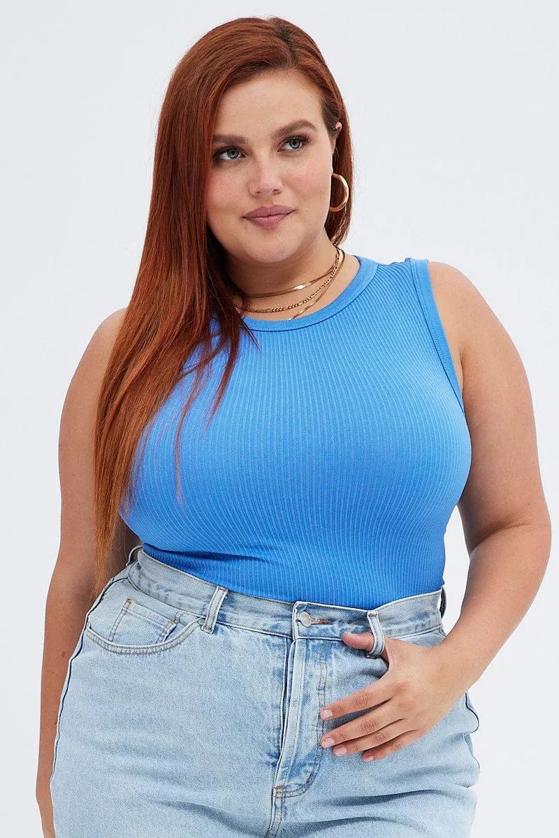 Blue Tank Top Sleeveless Crew Neck Seamless Tech Edge