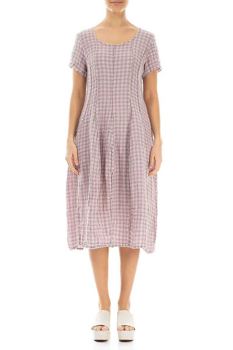 Dry Touch Short Sleeves Pink Check Linen Dress
