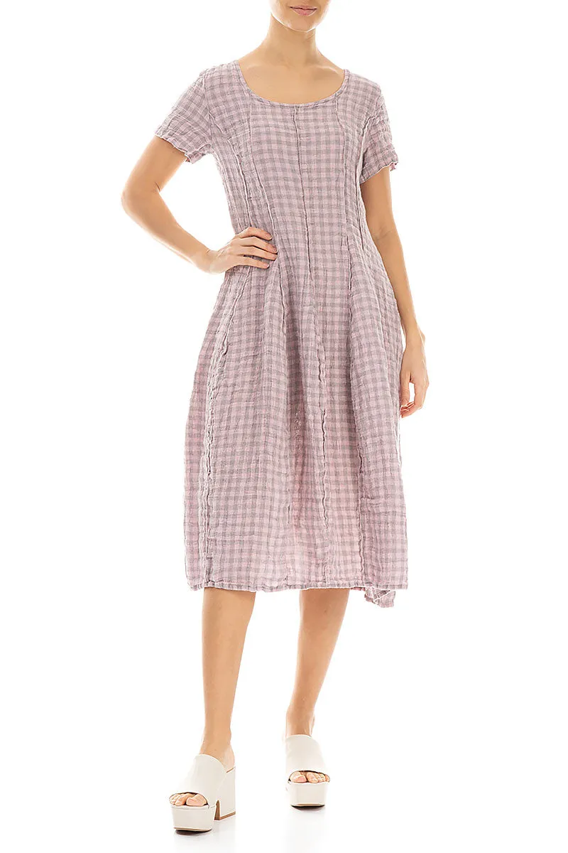 Organza Fit Photo Glam Short Sleeves Pink Check Linen Dress