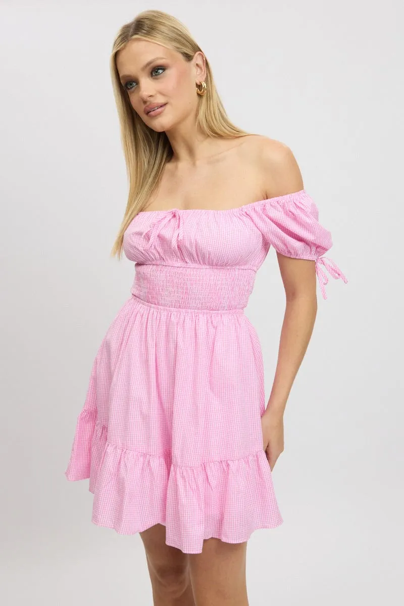 Pink Check Fit And Flare Dress Puff Sleeve Mini Run Ready Basic Wear
