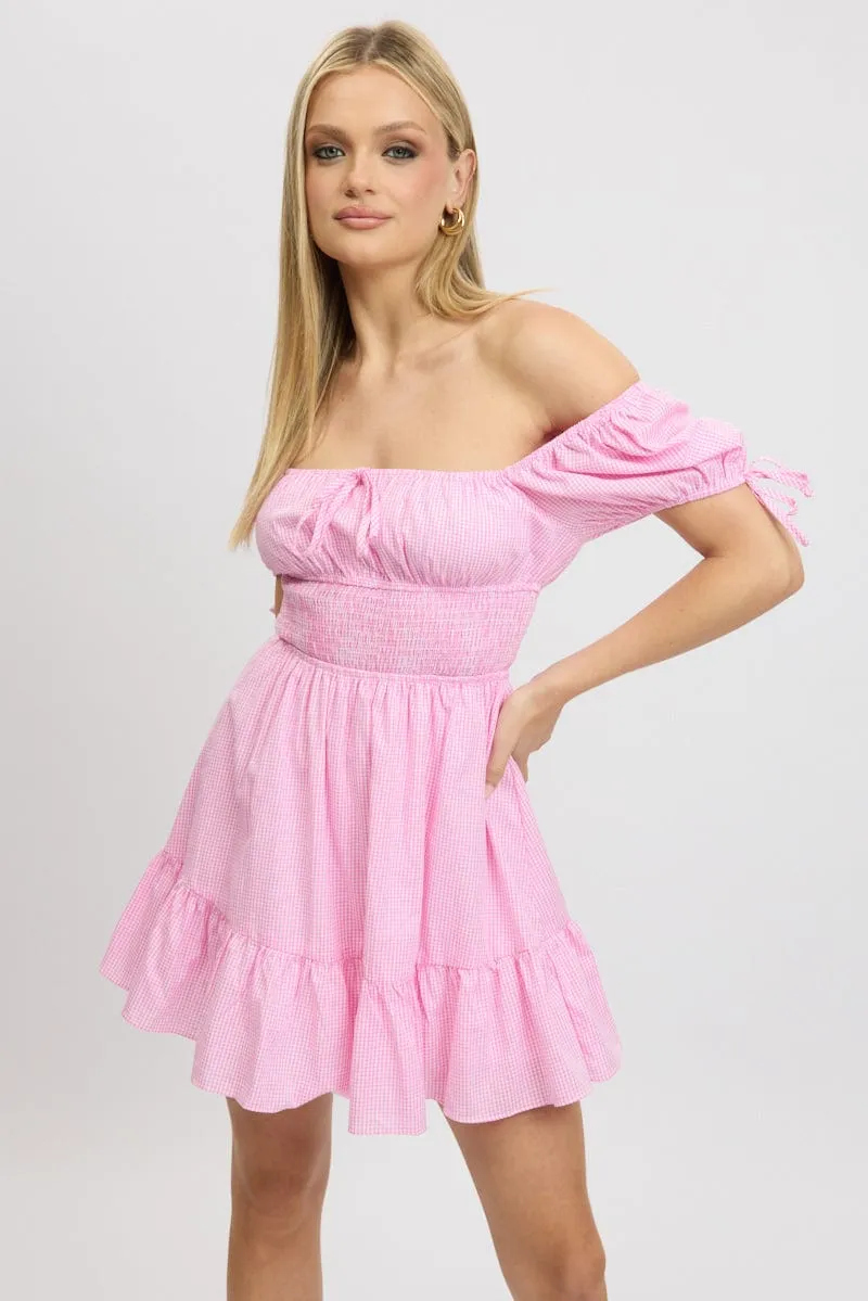 QuickRelease Fasteners Beach Ease Pink Check Fit And Flare Dress Puff Sleeve Mini