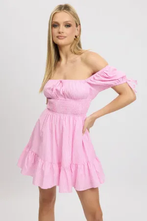 QuickRelease Fasteners Beach Ease Pink Check Fit And Flare Dress Puff Sleeve Mini