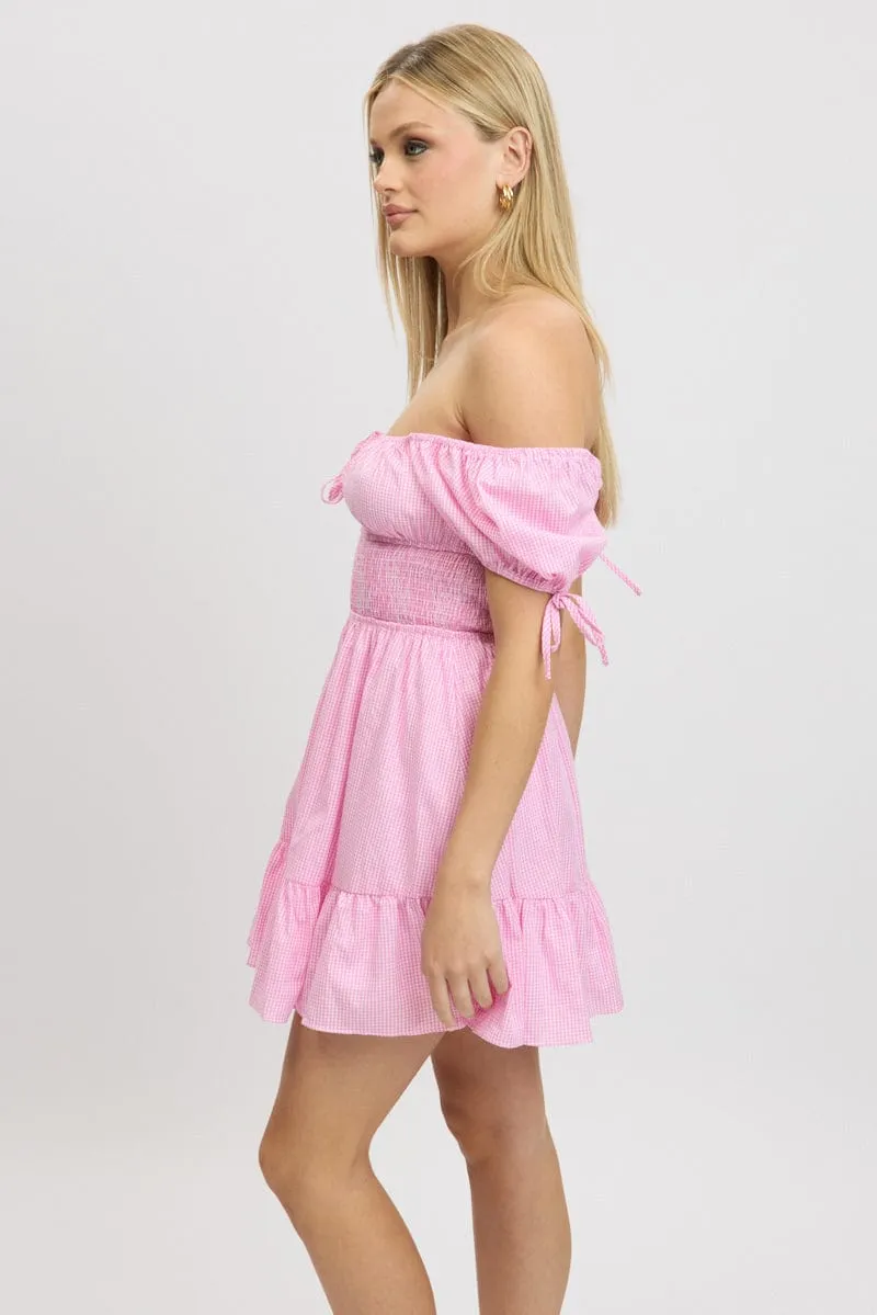 Pink Check Fit And Flare Dress Puff Sleeve Mini Free Mind