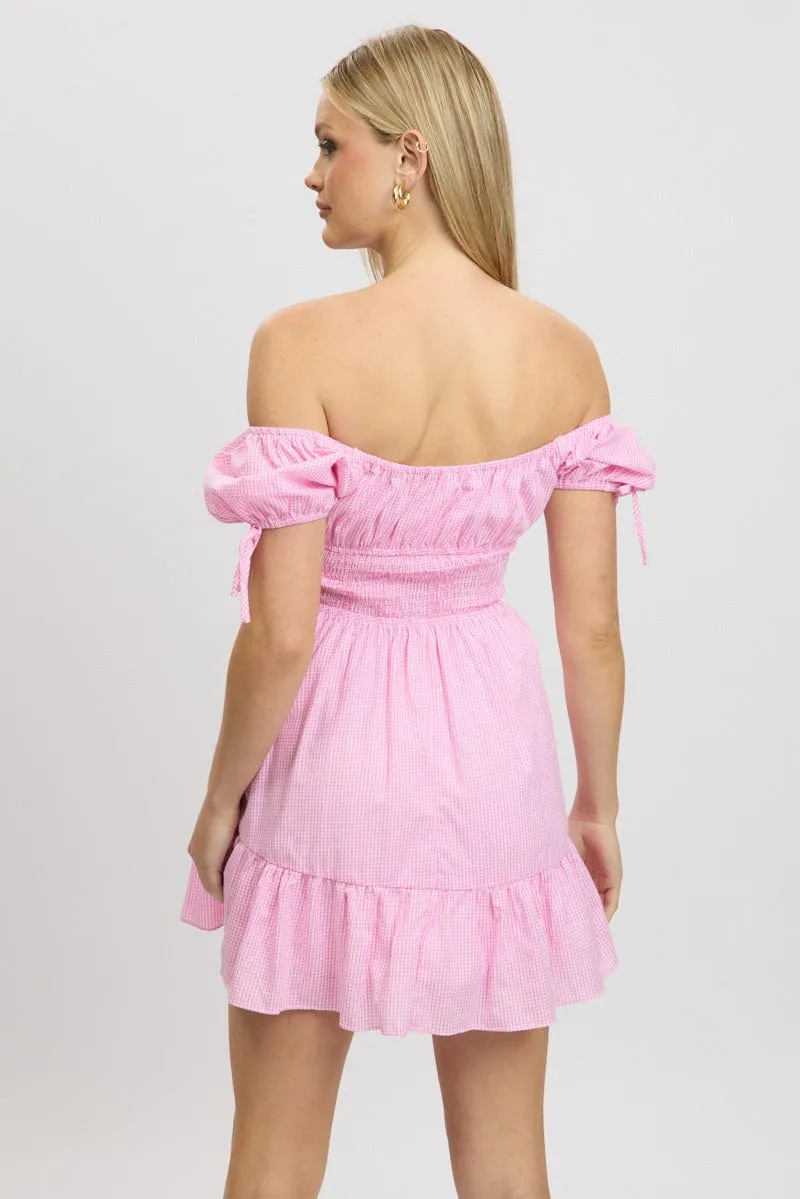 Pink Check Fit And Flare Dress Puff Sleeve Mini Light Fabric AntiPillingFabric