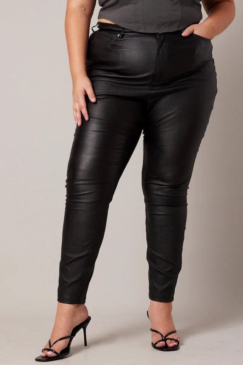 Black Wet Look Jeans High Rise Coated Stretch Denim Holiday Vibes Stretch Lightweight Morning Stroll
