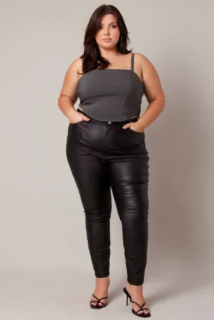 Black Wet Look Jeans High Rise Coated Stretch Denim Textured Versatile Shopping Day
