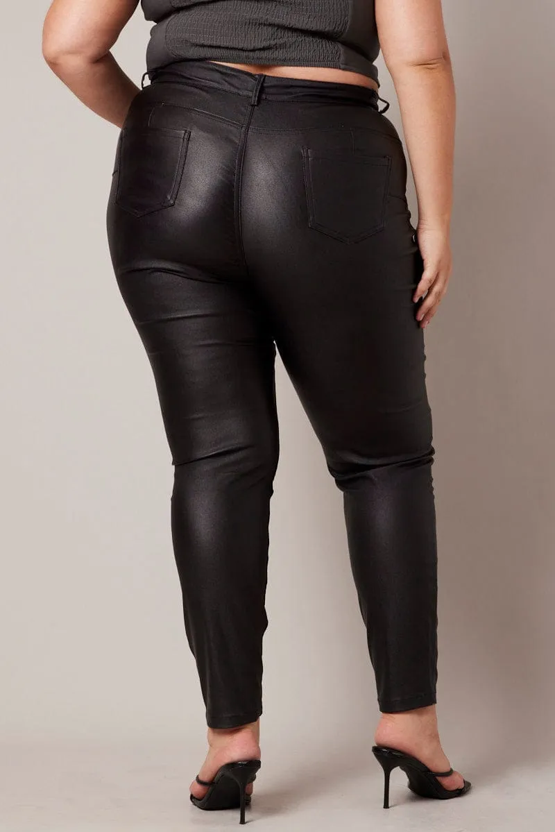 Street Fashion Parent Style Black Wet Look Jeans High Rise Coated Stretch Denim