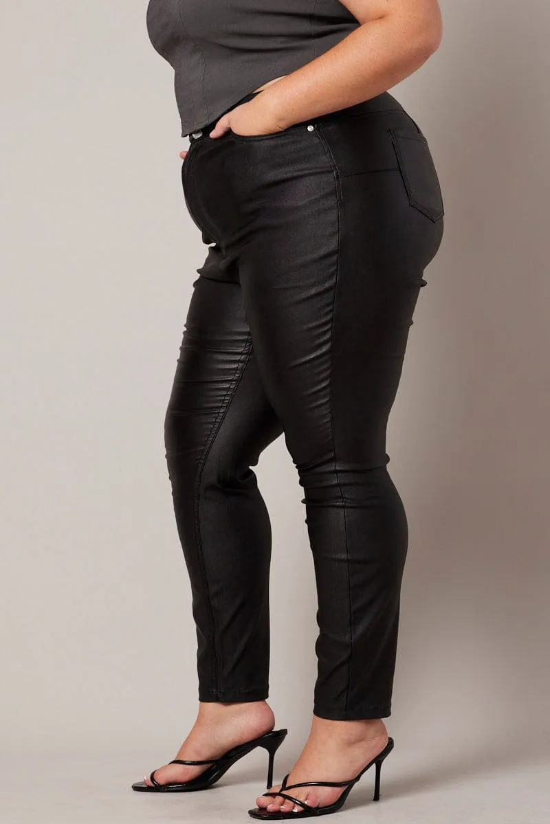 Anti Static Material Blend Black Wet Look Jeans High Rise Coated Stretch Denim