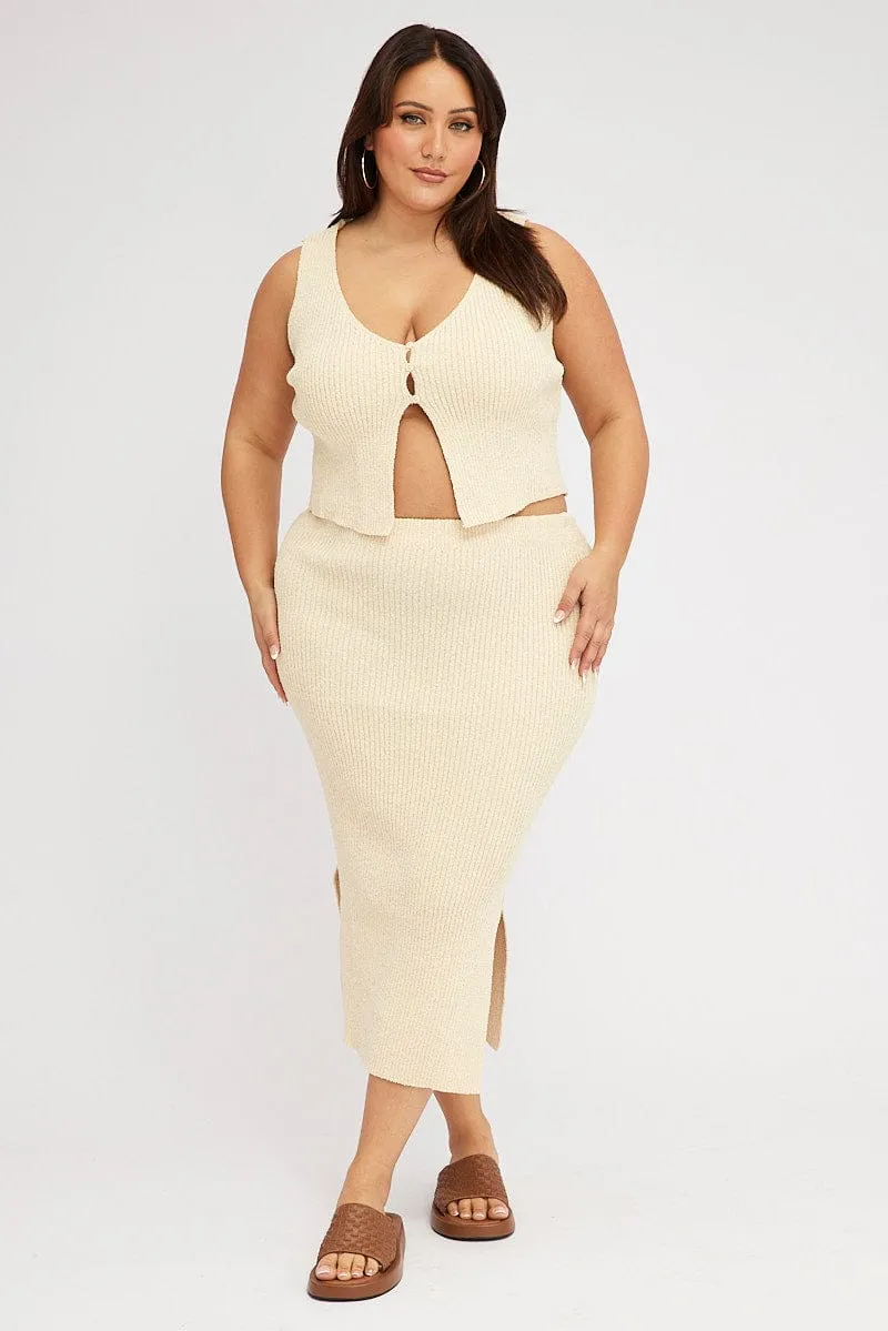 Crisscross Details Beige Textured Knit Midi Skirt