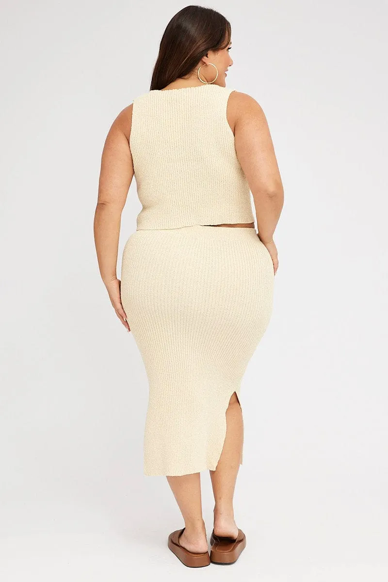 Beige Textured Knit Midi Skirt Soft Focus Daily Style