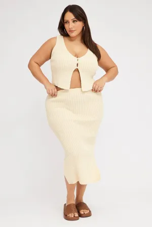 Beige Textured Knit Midi Skirt Water resistant coating High low hem
