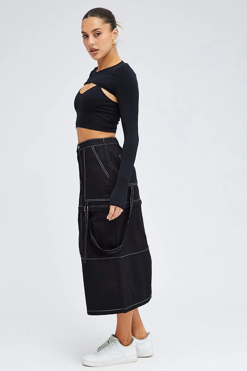 Glamorous Appeal Black Cargo Skirt High Rise Elastic Two-way Midi Mini