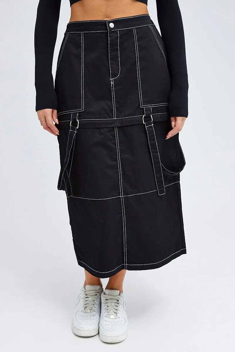 Black Cargo Skirt High Rise Elastic Two-way Midi Mini Layered Hem Soft Aesthetic