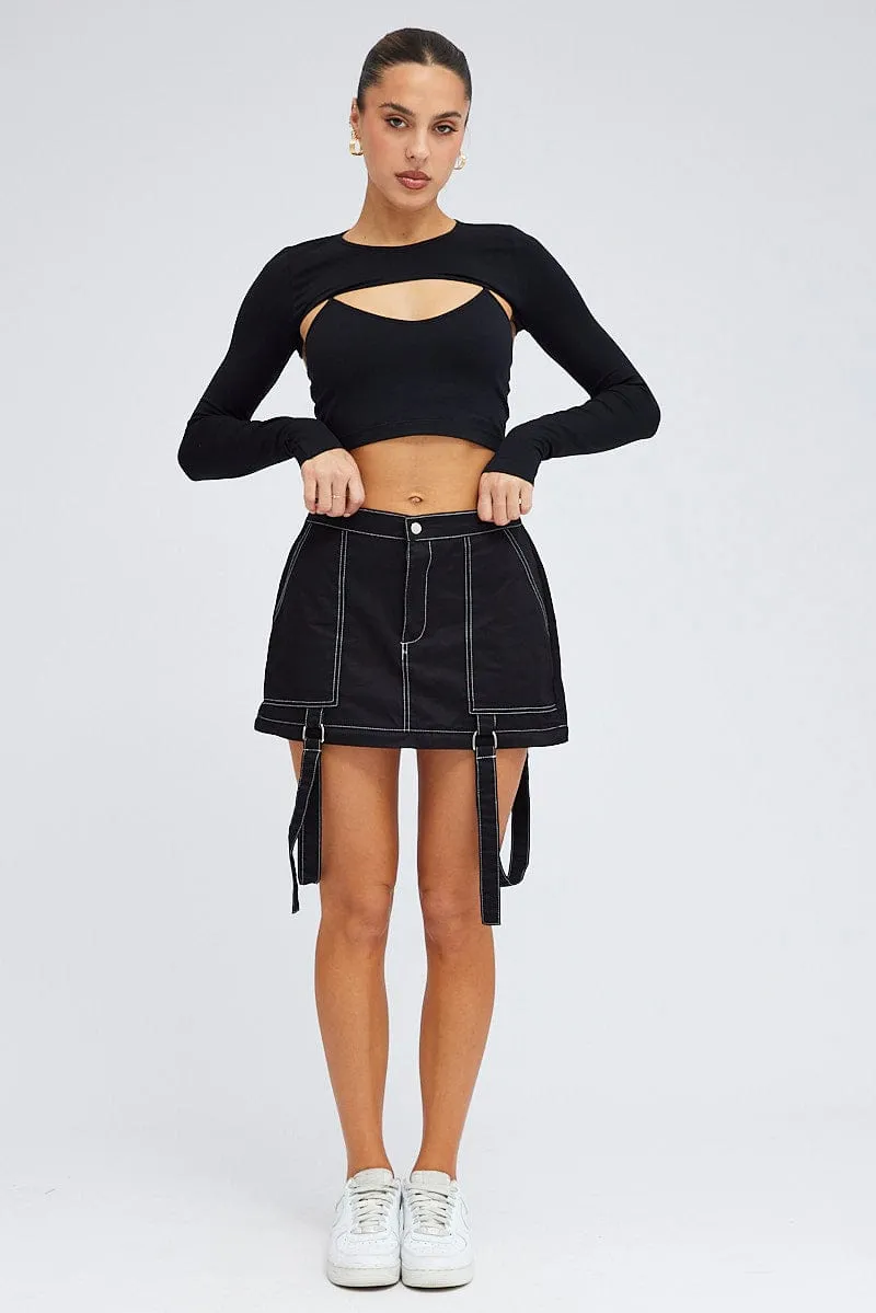 Black Cargo Skirt High Rise Elastic Two-way Midi Mini Flexible Material