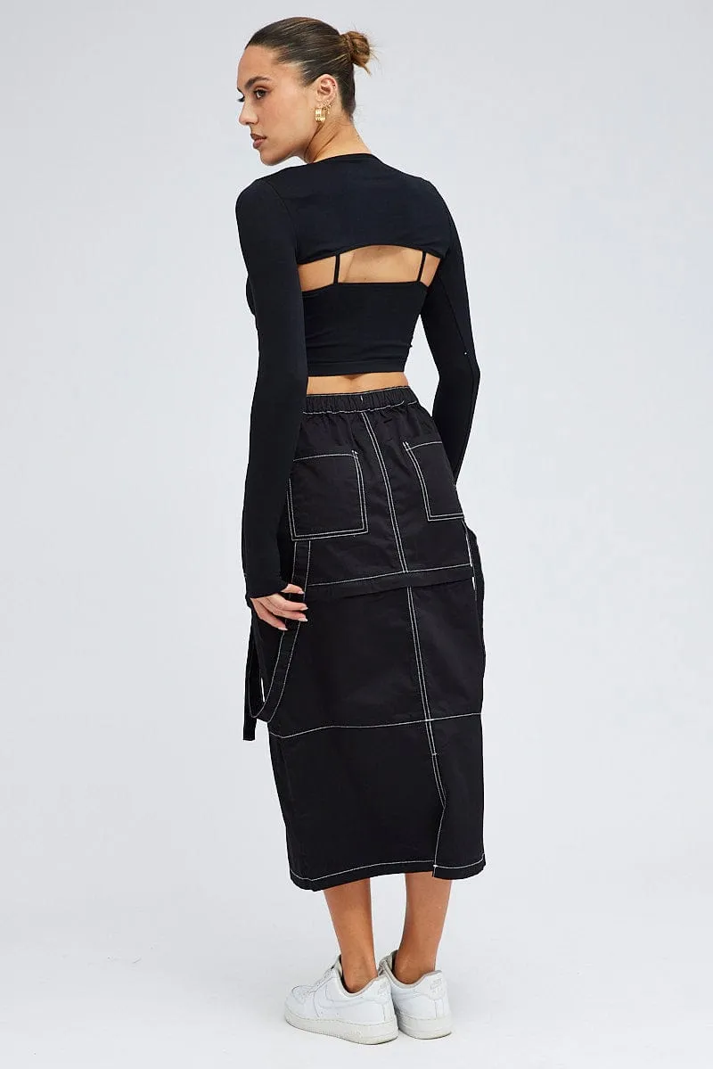 Black Cargo Skirt High Rise Elastic Two-way Midi Mini Machine wash safe High Street Chic