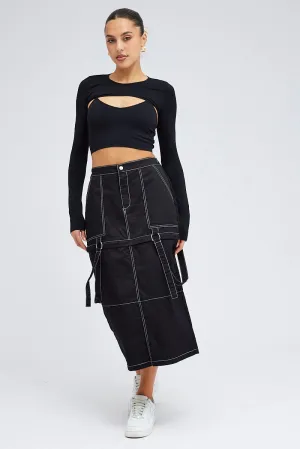 Black Cargo Skirt High Rise Elastic Two-way Midi Mini Neat Style