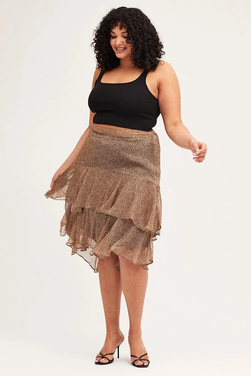 Animal Print Midi Skirt Tie Slow Fashion Layered Structure
