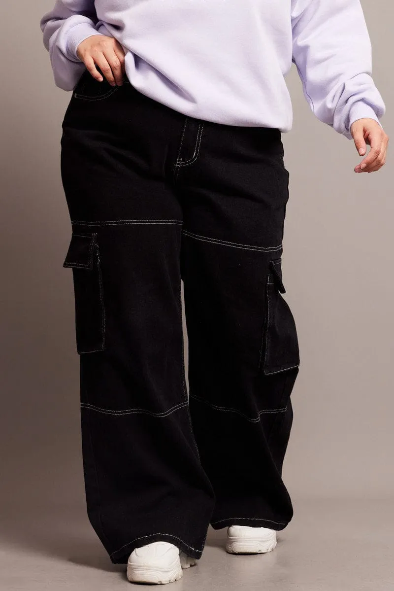Modern Look Black Cargo Jeans High Rise Wide Leg Contrast Details