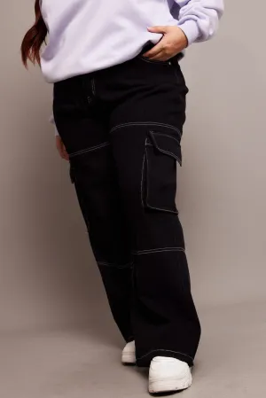 Heavyweight Denim Black Cargo Jeans High Rise Wide Leg Contrast Details