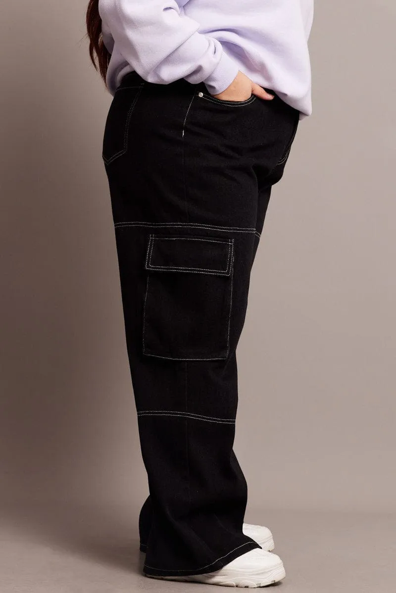 Black Cargo Jeans High Rise Wide Leg Contrast Details Layer Staple Urban Casual