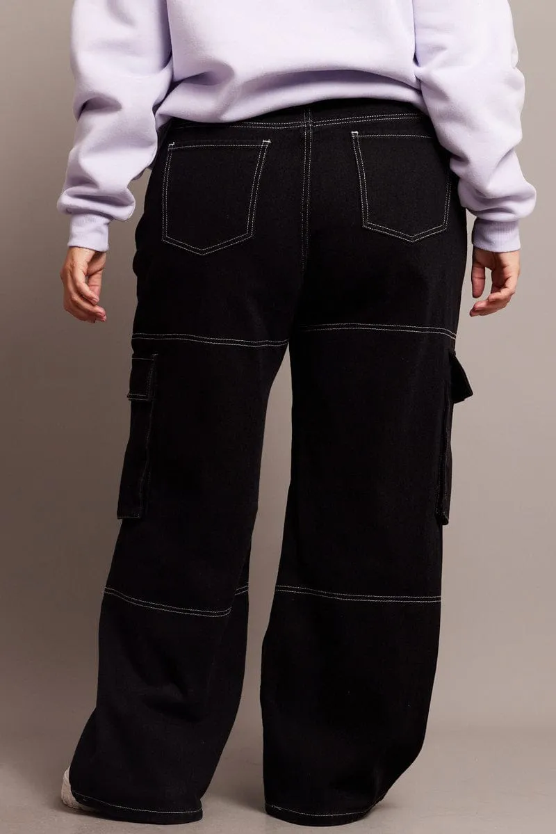 Black Cargo Jeans High Rise Wide Leg Contrast Details Soft Core