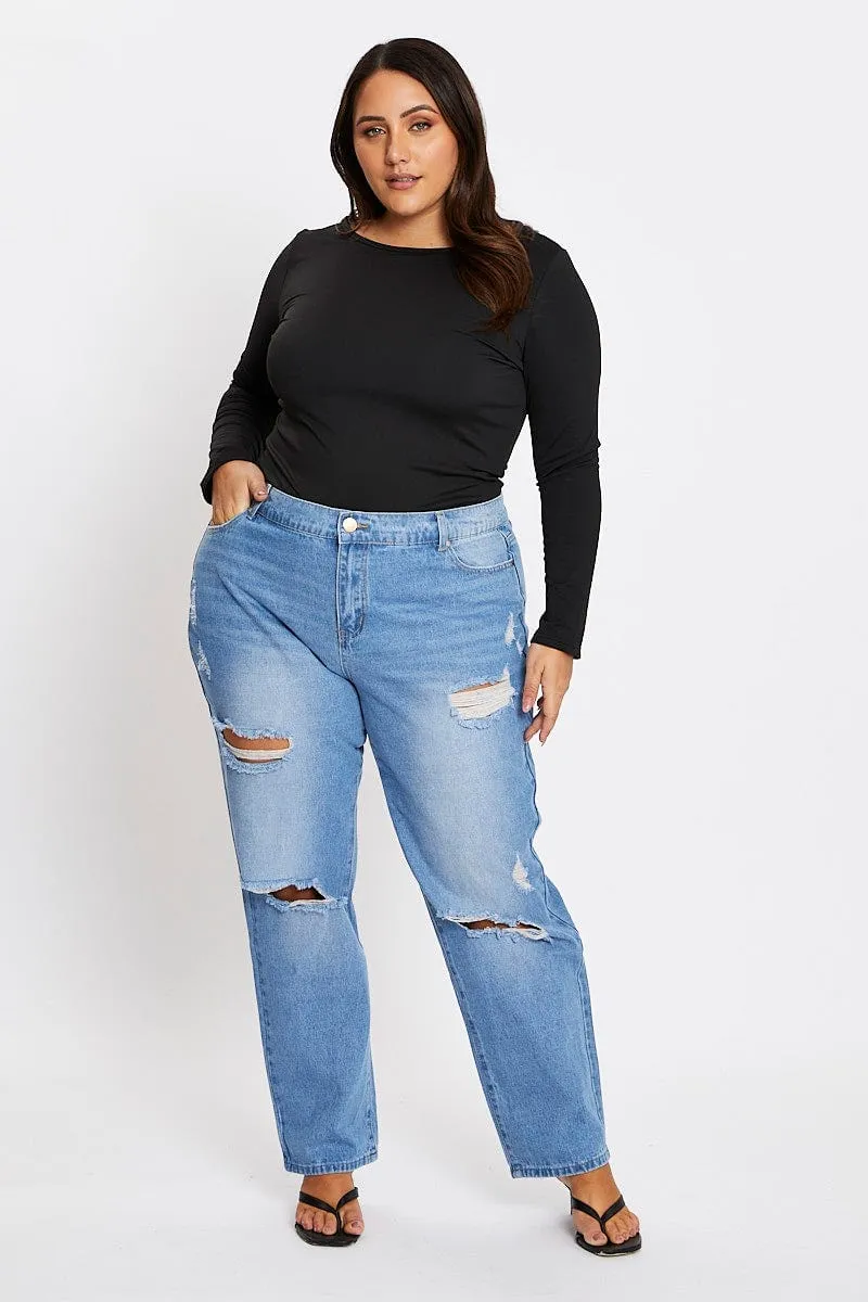 Blue High Rise Boyfriend Denim Jeans Casual Friday Versatile