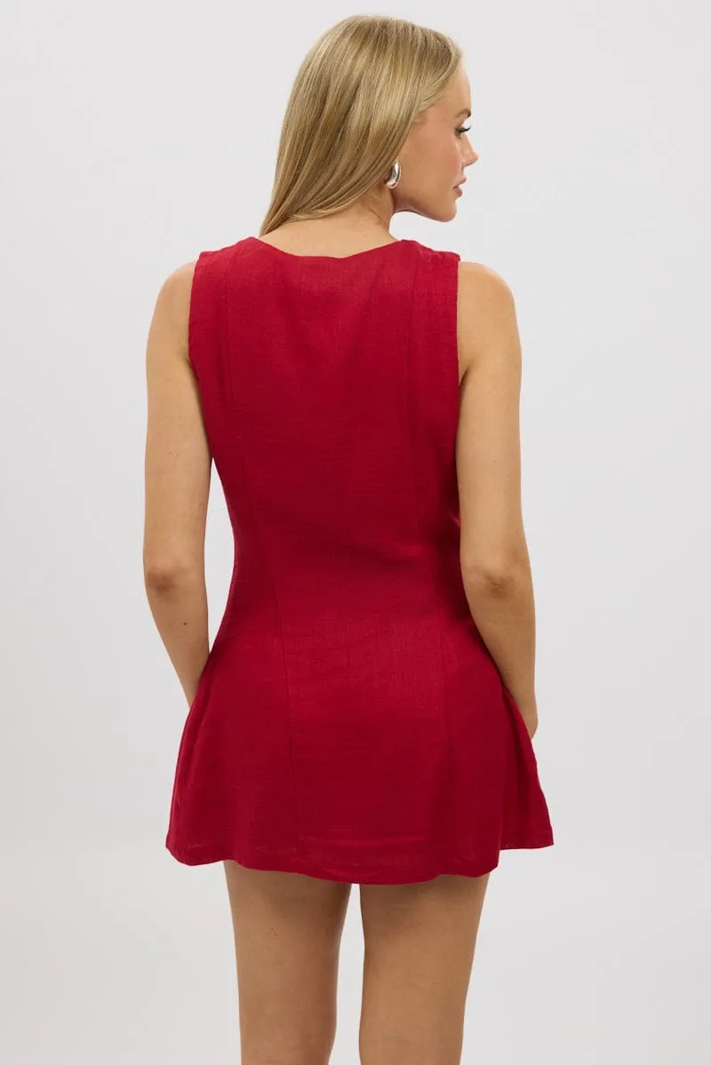 Red Button Through Mini Dress Full Coverage Back Sleek Silhouette