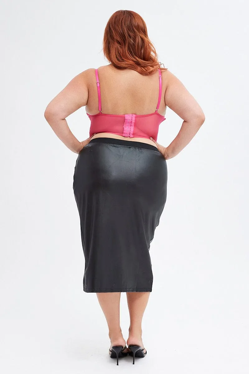 Fashion Detail Black Pencil Skirt Knee Length Elastic Waist Wet Look