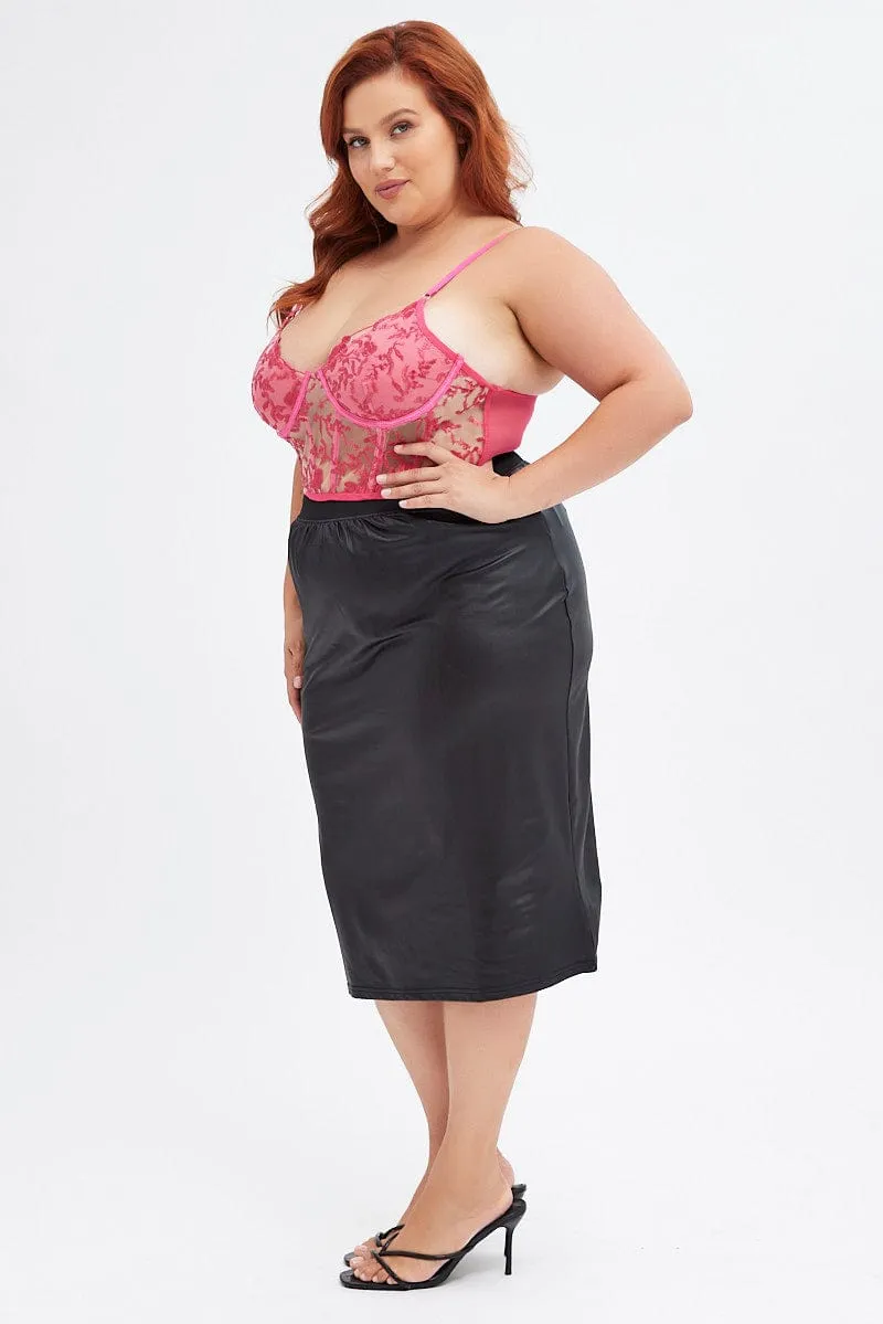 Black Pencil Skirt Knee Length Elastic Waist Wet Look Dust Proof Fabric Trendy Mood