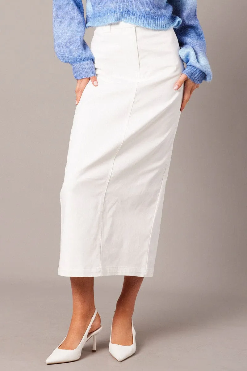 Artisanal Craft Back Slit White Tailored Skirt Midi Mid Rise