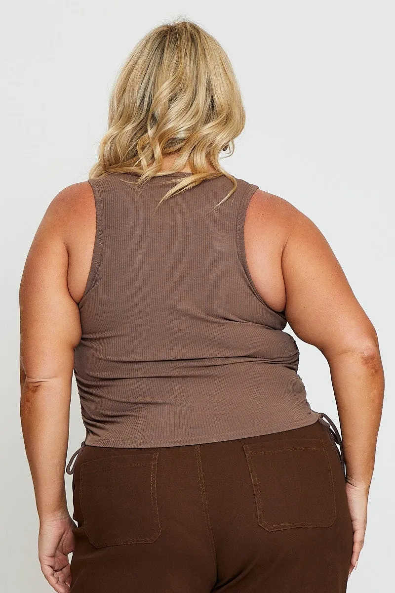 UVProtection Brown Sleeveless Rib Jersey Drawstring Top