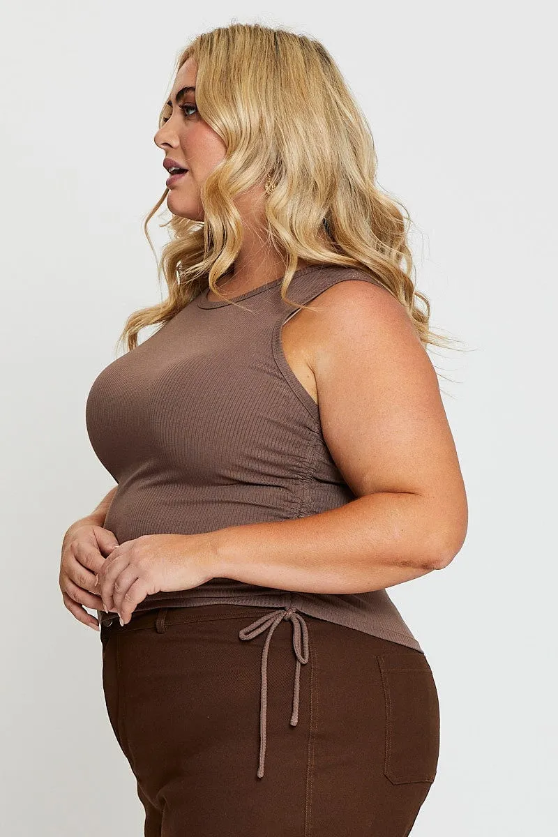 Trendy Cut Brown Sleeveless Rib Jersey Drawstring Top