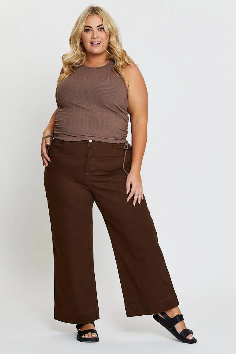 EasyAdjustStraps Brown Sleeveless Rib Jersey Drawstring Top