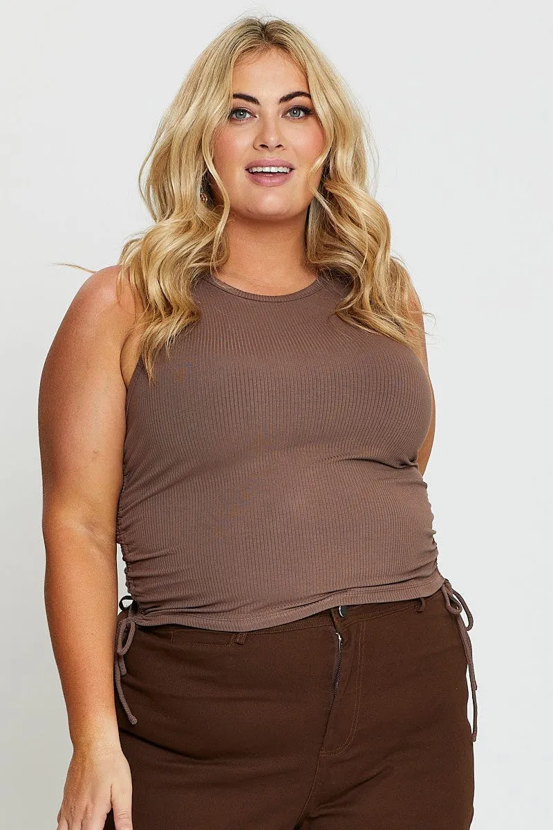 Earth Fit Brown Sleeveless Rib Jersey Drawstring Top