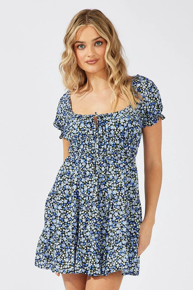 elastic waistband Black Ditsy Fit And Flare Dress Puff Sleeve Mini
